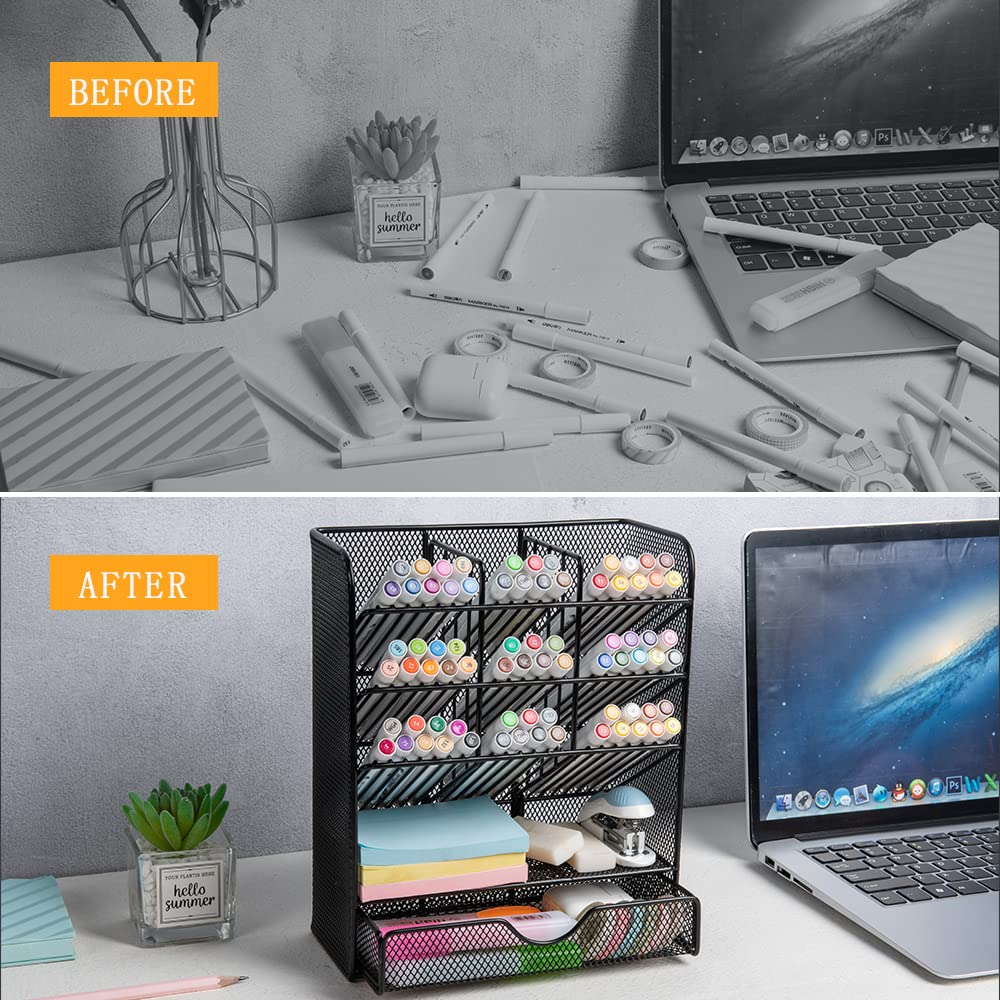 Metal Pen Organizer, Pencil Holder for Desk, Desk Organizer with Drawer for School, Home, Art Supplies (Black)