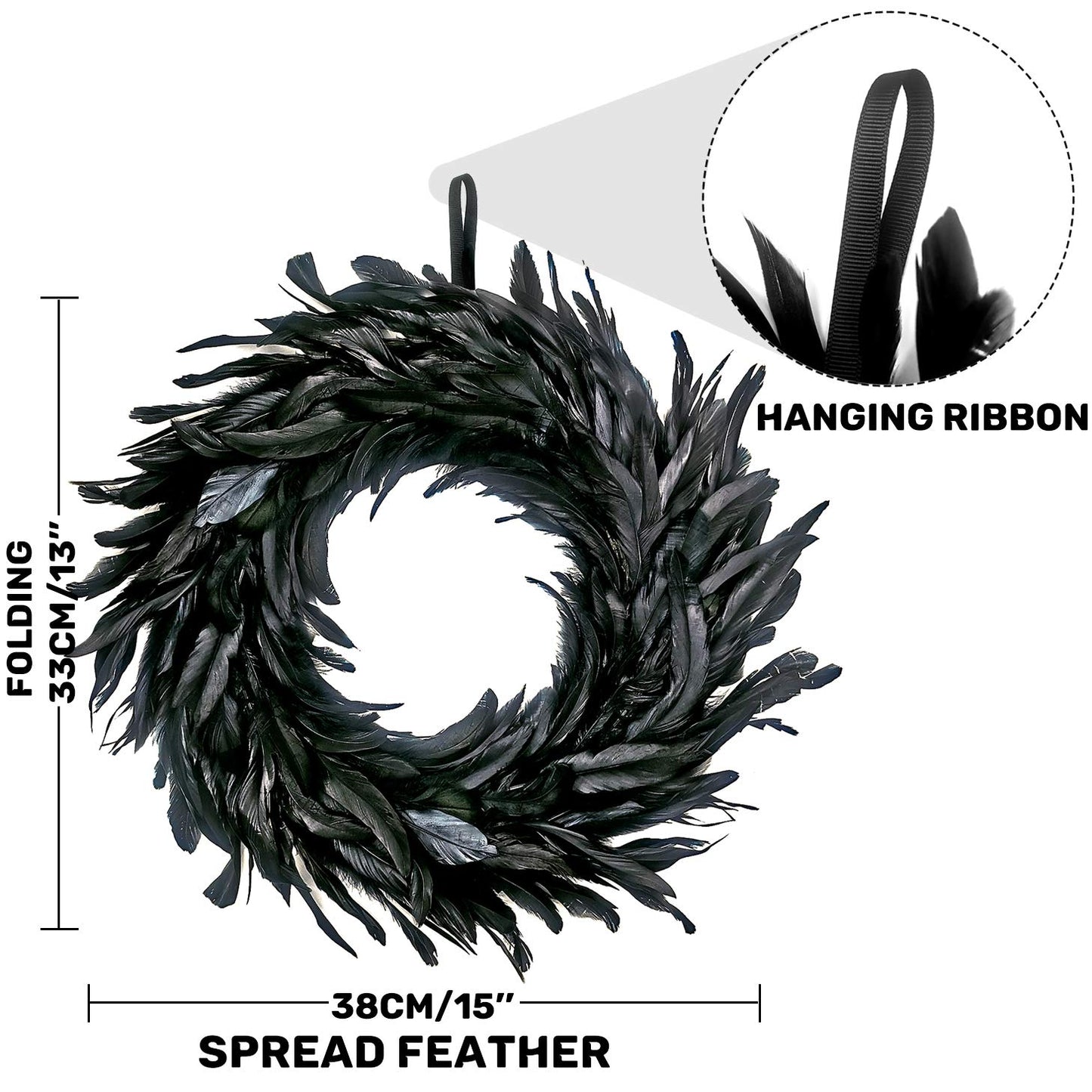 Black Feather Wreath - 14.9'' Natural Cocktail Feather Wreath, Halloween Photo Props, Front Door Decor Witch Spooky Scene Party Decorations