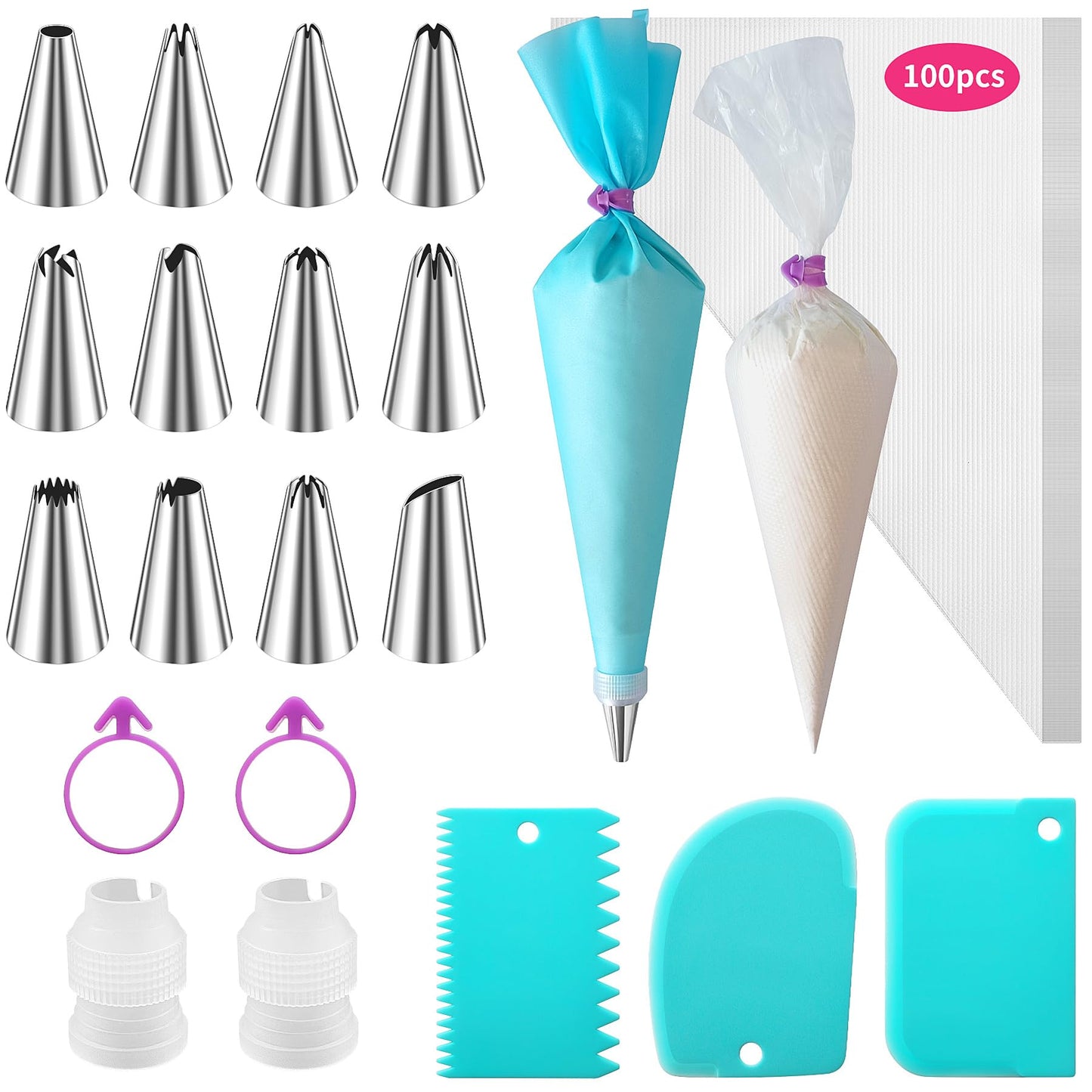 Piping Bags and Tips Set -Ultimate Cake Decorating Supplies Kit - Included 100 Disposable Pastry Bags, 1 Reusable Silicone Bag, 2 Couplers, 12 Frosting Tips, 2 Ties, 3 Icing Scrapers for Baking