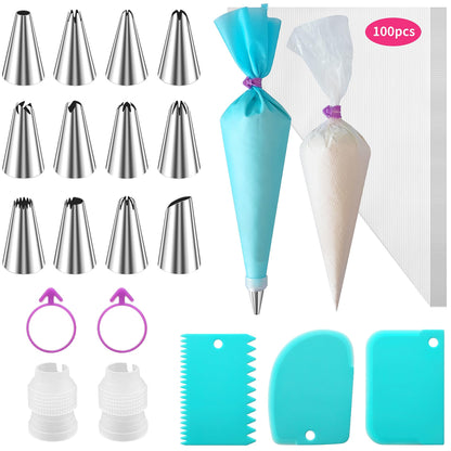 Piping Bags and Tips Set -Ultimate Cake Decorating Supplies Kit - Included 100 Disposable Pastry Bags, 1 Reusable Silicone Bag, 2 Couplers, 12 Frosting Tips, 2 Ties, 3 Icing Scrapers for Baking