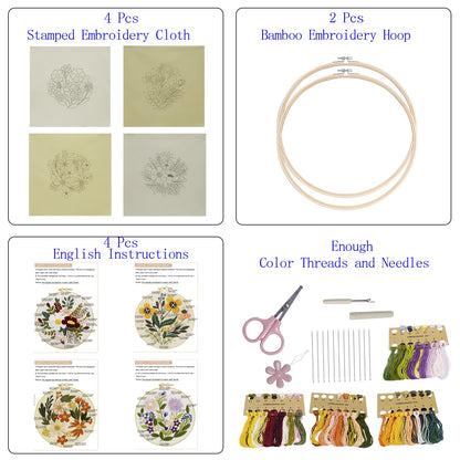 4 Sets Embroidery Kit for Beginners Art Craft Handy Sewing Include Embroidery Clothes with Pattern, Hoops, Instructions,Color Threads Needle Kit (Multi 1)