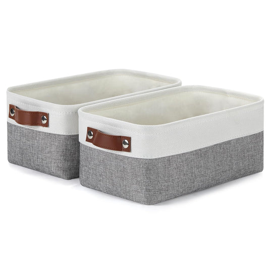 Storage Baskets for Shelves, Small Fabric Storage Bins with Handles, Decorative Foldable closet storage baskets for organizing shelves(White&Grey, 2 Pack)