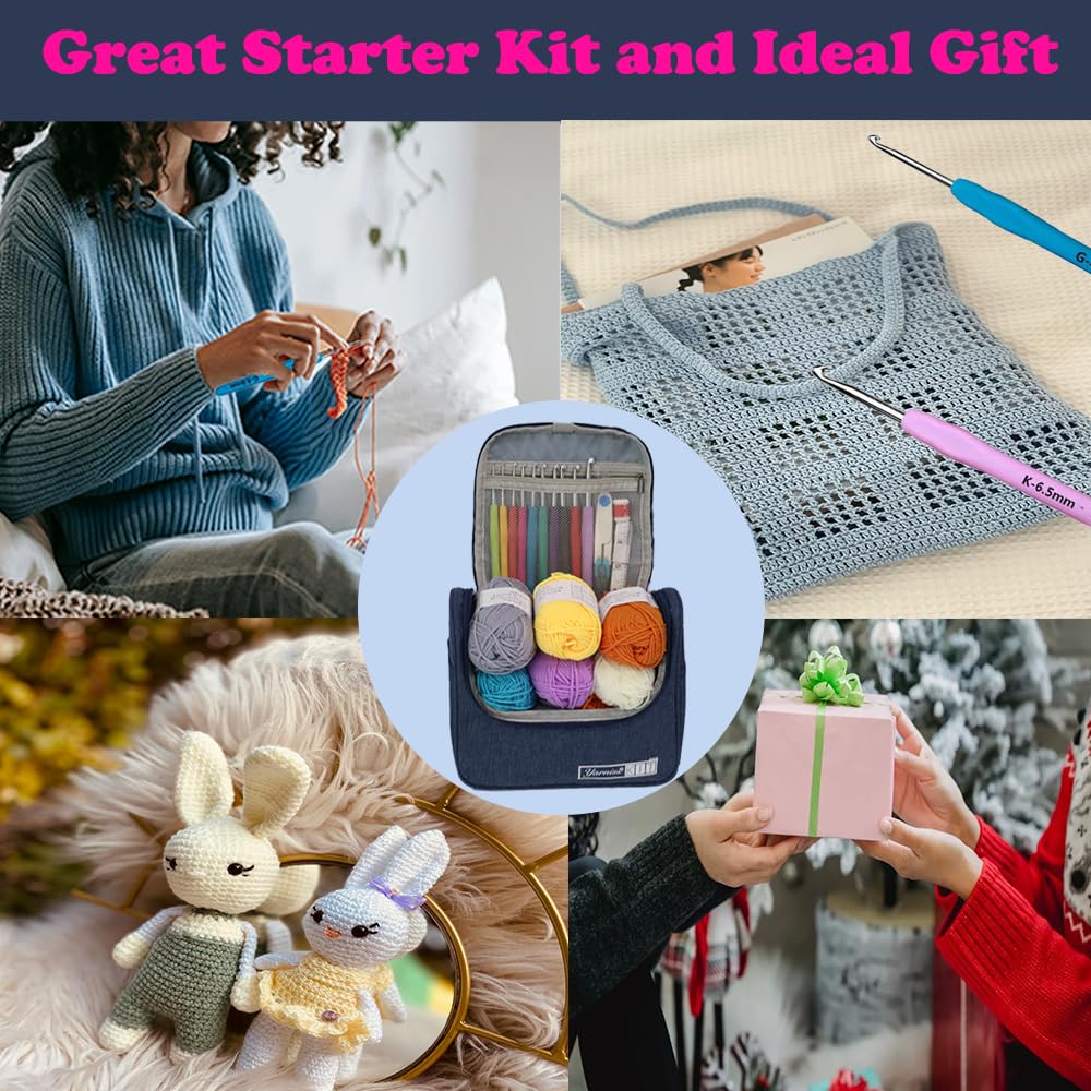 Crochet Kits for Beginners, All in One Crochet Kits with 840 Yards Crochet Yarn, 10 Size Ergonomic Crochet Hooks 2.0mm~6.5mm