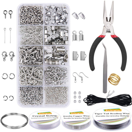 Jewelry Making Kit with Pliers, Wires, Jump Rings, Clasps, Cord and More for Jewelry DIY Crafts - Silver