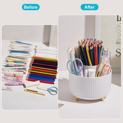 Desk Pencil Pen Holder - 5 Slot 360 Degree Rotating Desk Pen Organizer for Desktop Storage Stationery Supplies Cup Pot - White