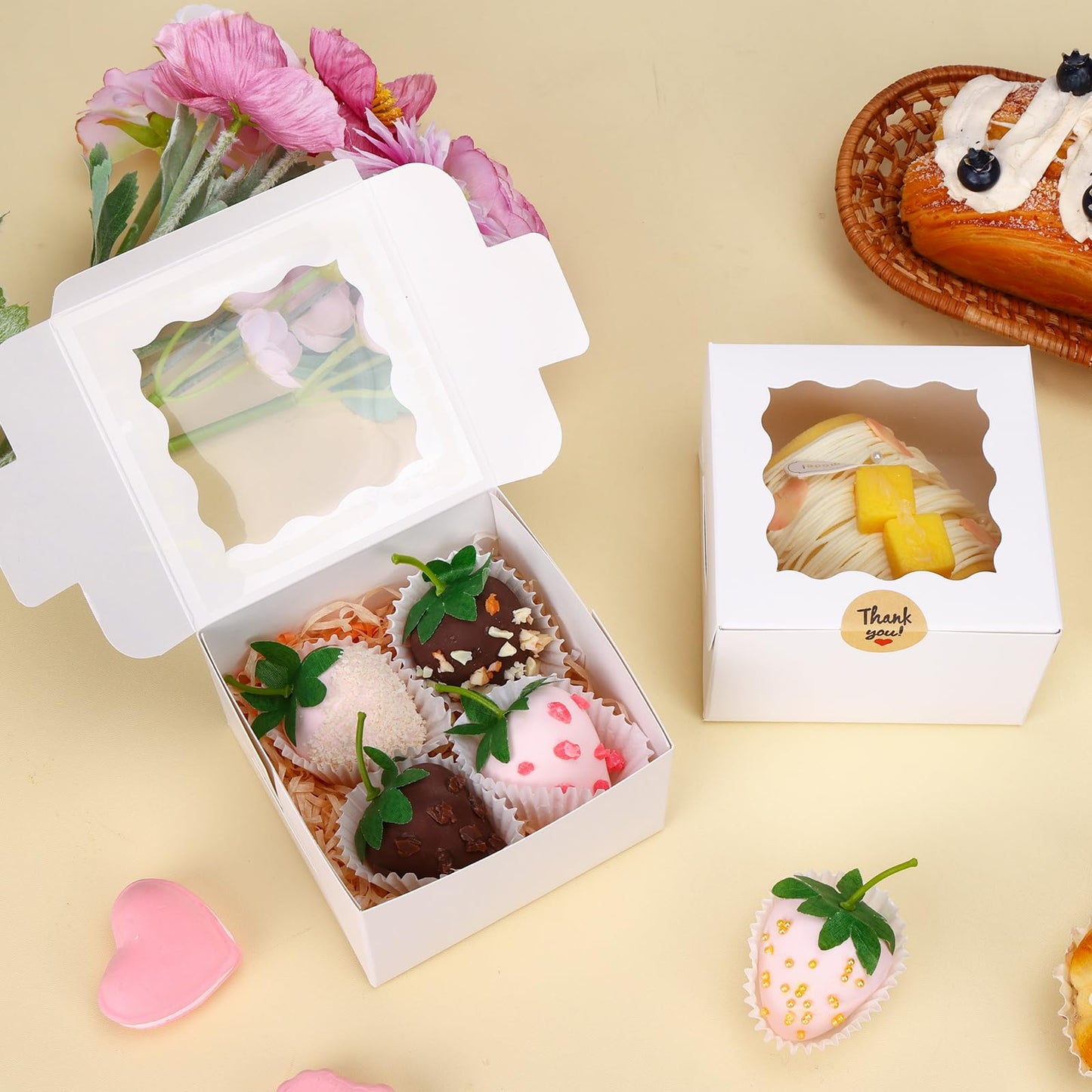 50pcs White Cookie Boxes with Window, 4x4x2.5 Inches Bakery Boxes with 5pcs Stickers for Small Cookies, Treats, Desserts, Chocolate Covered Strawberries, Mini Cake