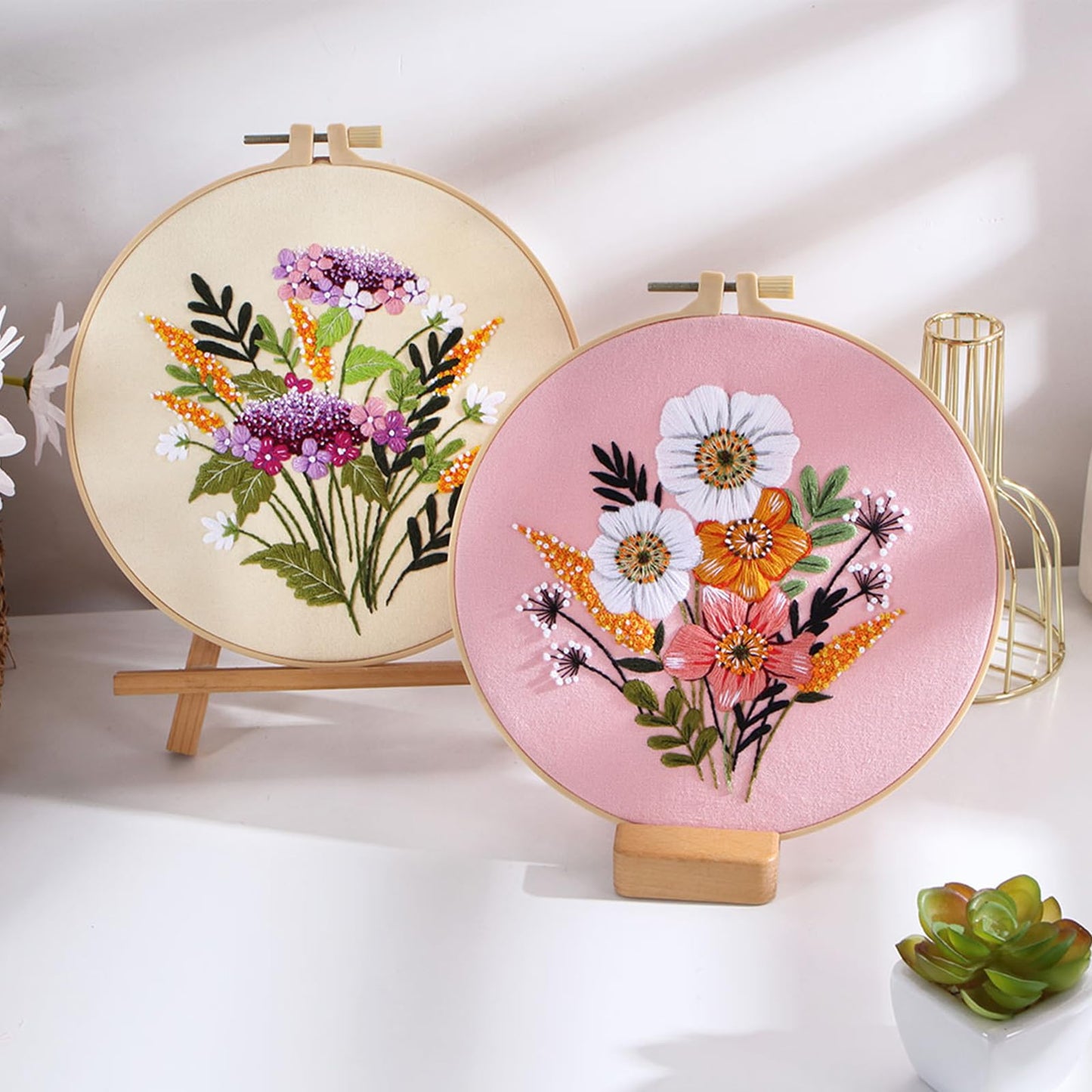 Flower Embroidery Kit for Beginners with Flower Pattern and Instructions,4 Pack Cross Stitch Kits,2 Wooden Embroidery Hoops,Threads and Needles,Needlepoint Kit for Adults