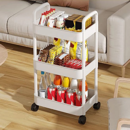 3 Tier Rolling Cart, Plastic Diaper Cart Organizer with Wheels, Roller Cart for Diapers, Baby Nursery, Kitchen, Bathroom, Living Room and Bedside, White