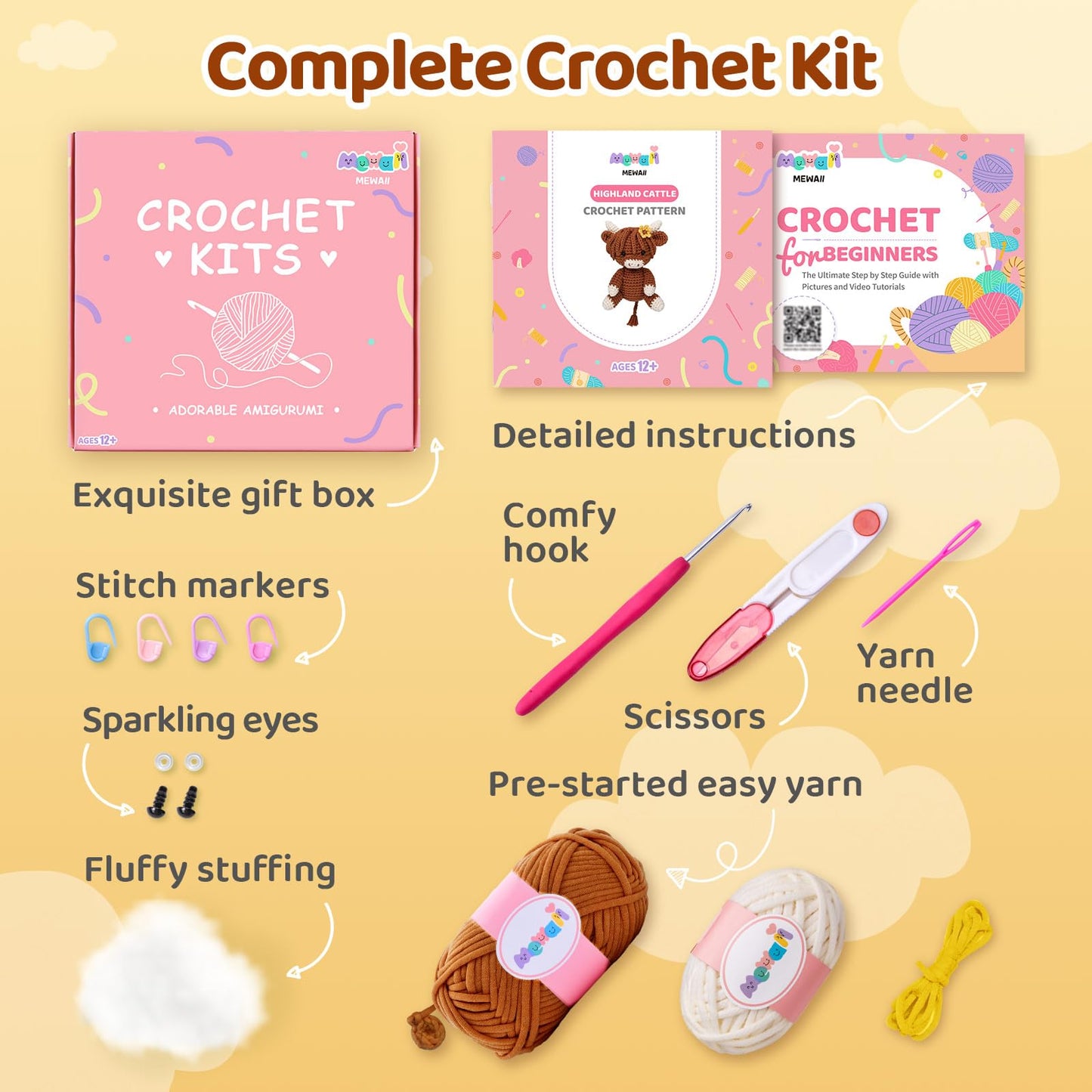 Crochet Kit for Beginners with 40% Extra Eco-Friendly Pre-Started Easy Yarn, Step-by-Step Video Tutorials for Adults and Kids (Highland Cattle)