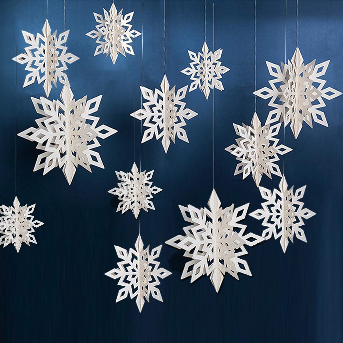 Winter Christmas Hanging Snowflake Decorations, 12PCS Snowflakes Garland & 12PCS 3D Glittery Large White Snowflake for Christmas Winter Wonderland Holiday New Year Party Home Decorations