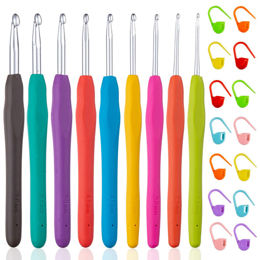 23 PCS Crochet Hooks, Ergonomic Handle Crochet Hooks Set for Arthritic Hands, Comfortable Smooth Crochet Needles Extra Long  Knitting Needles with Stitch Markers, Rubber, Multicolor