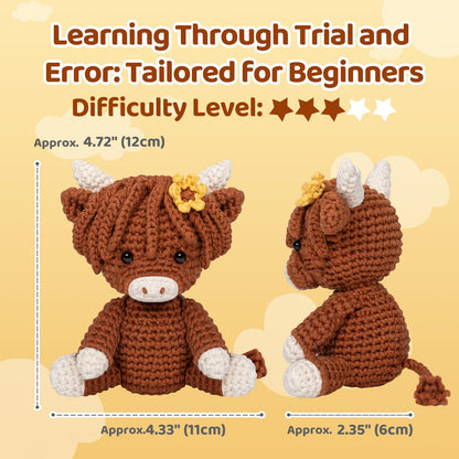 Crochet Kit for Beginners with 40% Extra Eco-Friendly Pre-Started Easy Yarn, Step-by-Step Video Tutorials for Adults and Kids (Highland Cattle)