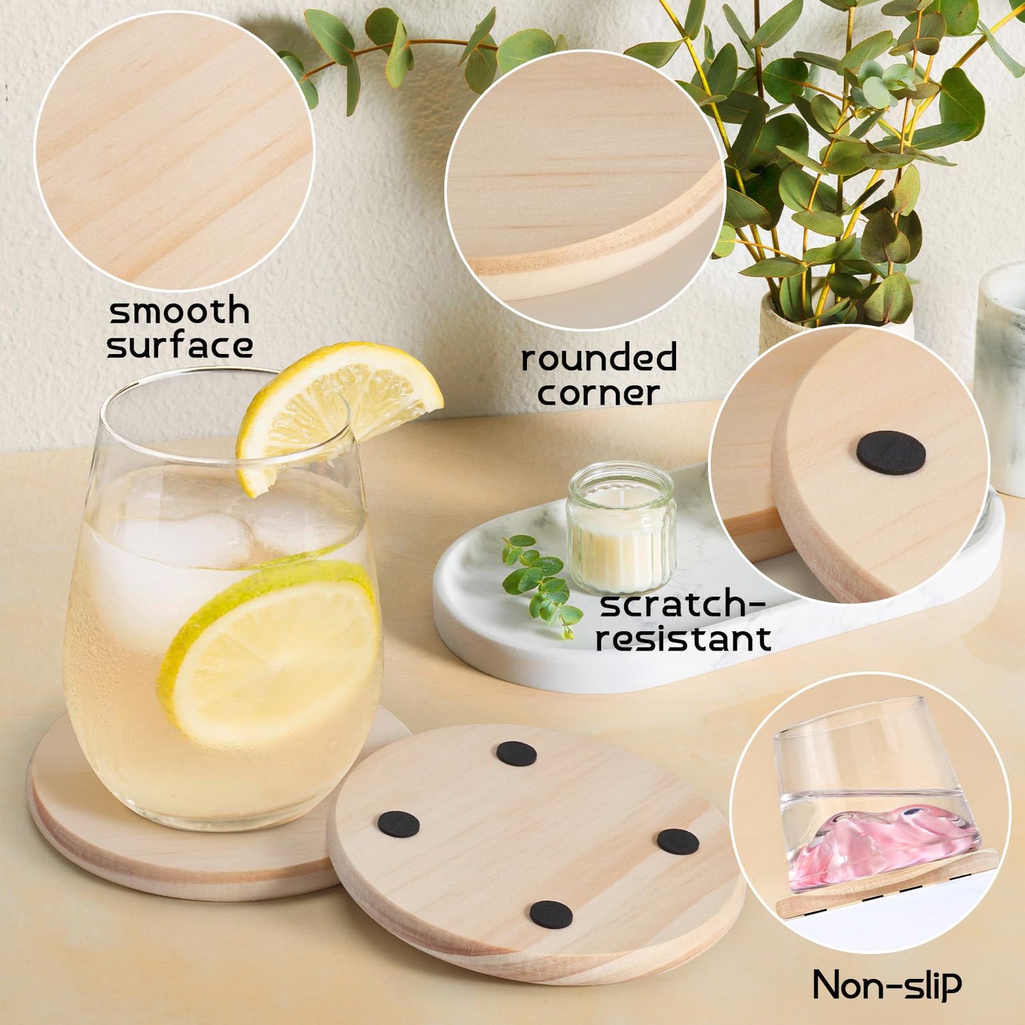 12 Pieces Unfinished Wood Coasters, GOH DODD 4 Inch Wooden Slices Blanks Bulk Set with Foot Pads for Drinks Crafts Laser Engraving Wood Burning Staining Painting Decoupage Wedding Halloween, Round