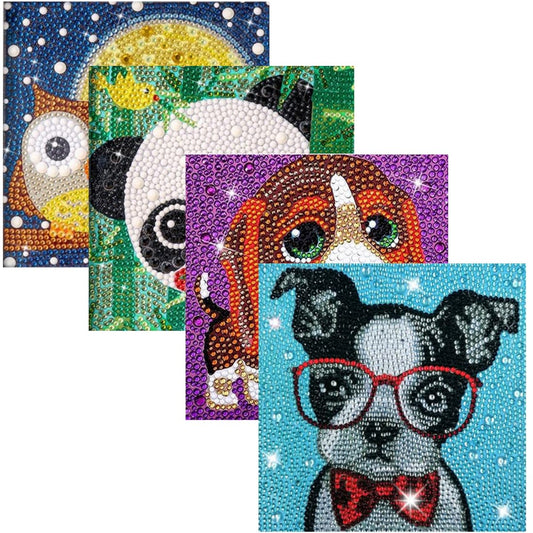 Diamond Painting Kits for Kids, 4Pcs Kids Diamond Art Animal 5D Diamond Gem Art by Number Dotz Kits Art and Crafts for Kids Ages 6-8-10-12 Girls Boys for Birthday Halloween