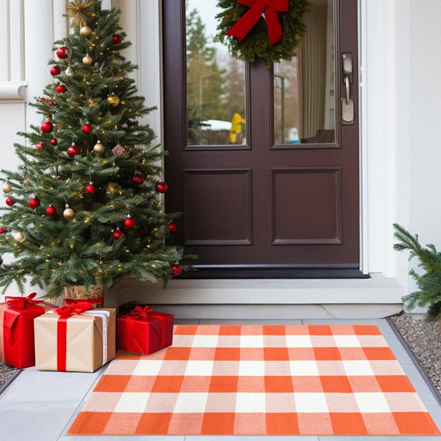 Buffalo Plaid Check Rug Orange and White Cotton Rug 27.5"x43.3" Machine Washable Outdoor Rugs Layered Doormats for Porch Kitchen Farmhouse