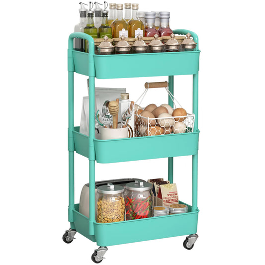 3-Tier Plastic Rolling Utility Cart with Handle, Multi-Functional Storage Trolley for Office, Living Room, Kitchen, Movable Storage Organizer with Wheels, Green