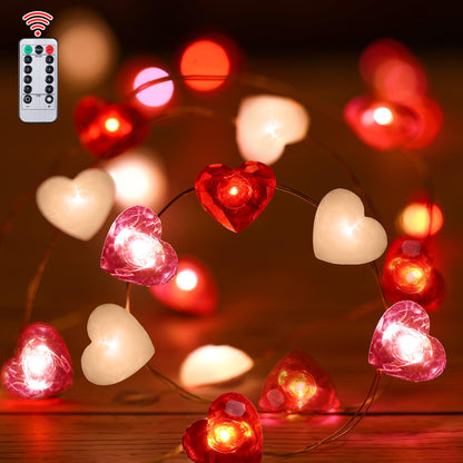 Fairy String Lights 10 Feet LED Red Pink White Heart Shaped Twinkle Fairy Lights 8 Modes Battery Operated for Valentine‘s Day Kids Bedroom Christmas Wedding Indoor Party Decor with Timer