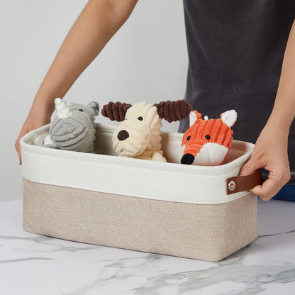 2-Pack Bathroom Baskets for Toilet, Small Storage Bins for Organizing Closets, Cabinets, Shelves, Canvas Fabric Storage Basket Bins With Leather Handles for Empty Gift Basket (White&Khaki)