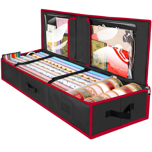 Wrapping Paper Storage Organizer, 40" Durable 600D Oxford Fabric Gift Wrap Storage Bag with Flexible Partitions for Ribbon, Holiday Accessories (Black/Red)