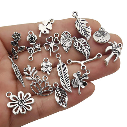 100pcs Mix Silver Tree Flower Charms Collection, Bulk Mini Small Little Charms Metal Pendant Craft Supplies Findings for Necklace and Bracelet Jewelry Making (HM291)