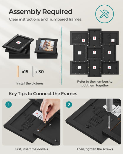 4x6 Collage Picture Frames for Wall Decor, 9 Pack Family Photo Collage Frame Set for Gallery, Glass Front, Assembly Required, Ink Black