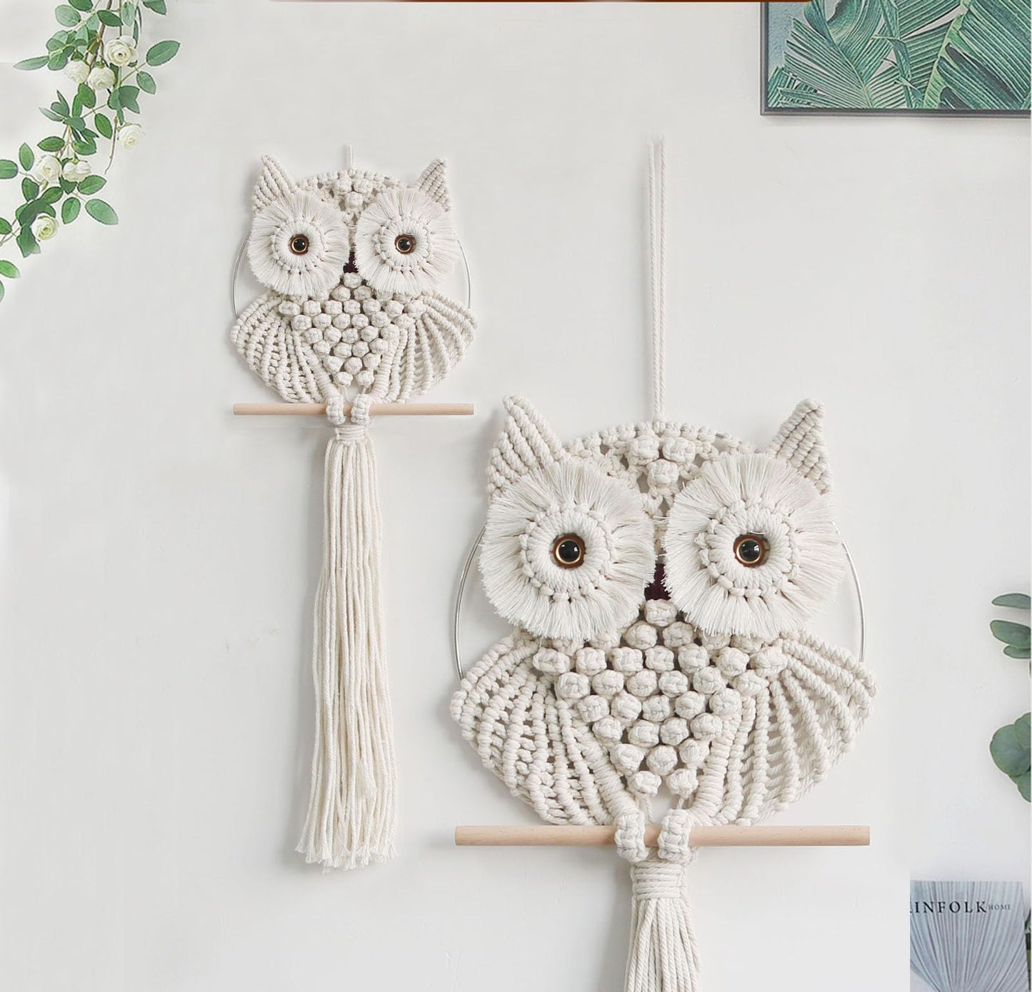 Owl Macrame Wall Hanging-Hand Woven Boho Tapestry-Macrame Wall Decor -Owl Decor for Bedroom, Living Room, Nursery (Beige-Small)