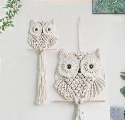 Owl Macrame Wall Hanging-Hand Woven Boho Tapestry-Macrame Wall Decor -Owl Decor for Bedroom, Living Room, Nursery (Beige-Small)