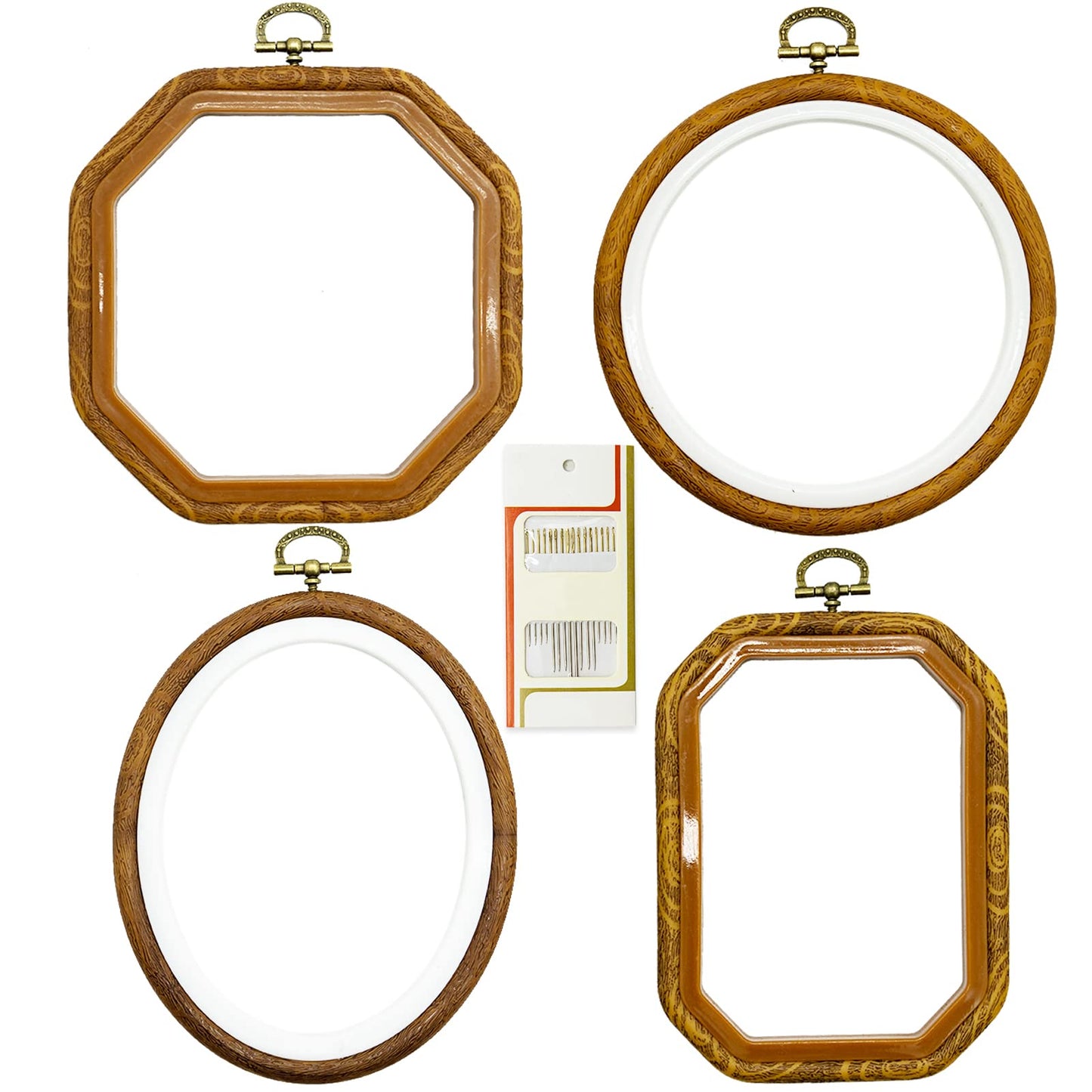 4 Sizes Imitated Wood Multiple Shapes Embroidery Hoop Set Plastic Circle Cross Stitch Hoop Rings for DIY Craft Sewing, Small Faux Wooden Embroidery Hoop Including 16pcs Gold Eye Sewing Needles