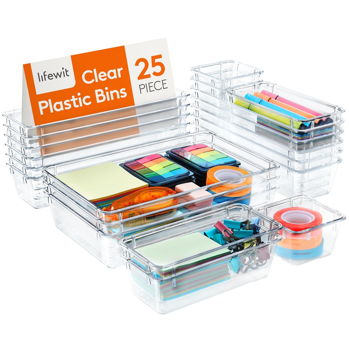 Drawer Organizer 25PCS, 4 Sizes Clear Plastic Desk Drawer Dividers, Storage Separation Bins for Make Up, Kitchen Utensils, Vanity Accessories in Office/Bathroom/Bedroom Organization