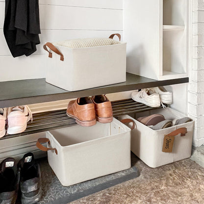 Storage Bins for Shelves, Closet Bins for Organization, Collapsible Storage Baskets for Towels, Rectangle Basket for Bedroom, 14 ¾" L x 10 ¼" W x 8 ¼" H, Beige, 2-Pack