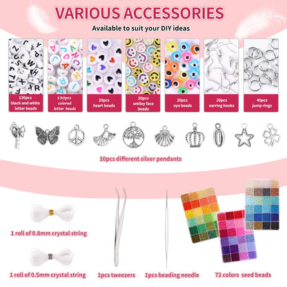 14400pcs 72 Colors 3mm Glass Seed Beads for Bracelet Making Kit, Waist Beads Kit Small Beads for Jewelry Making with Letter Beads for Crafts Gifts