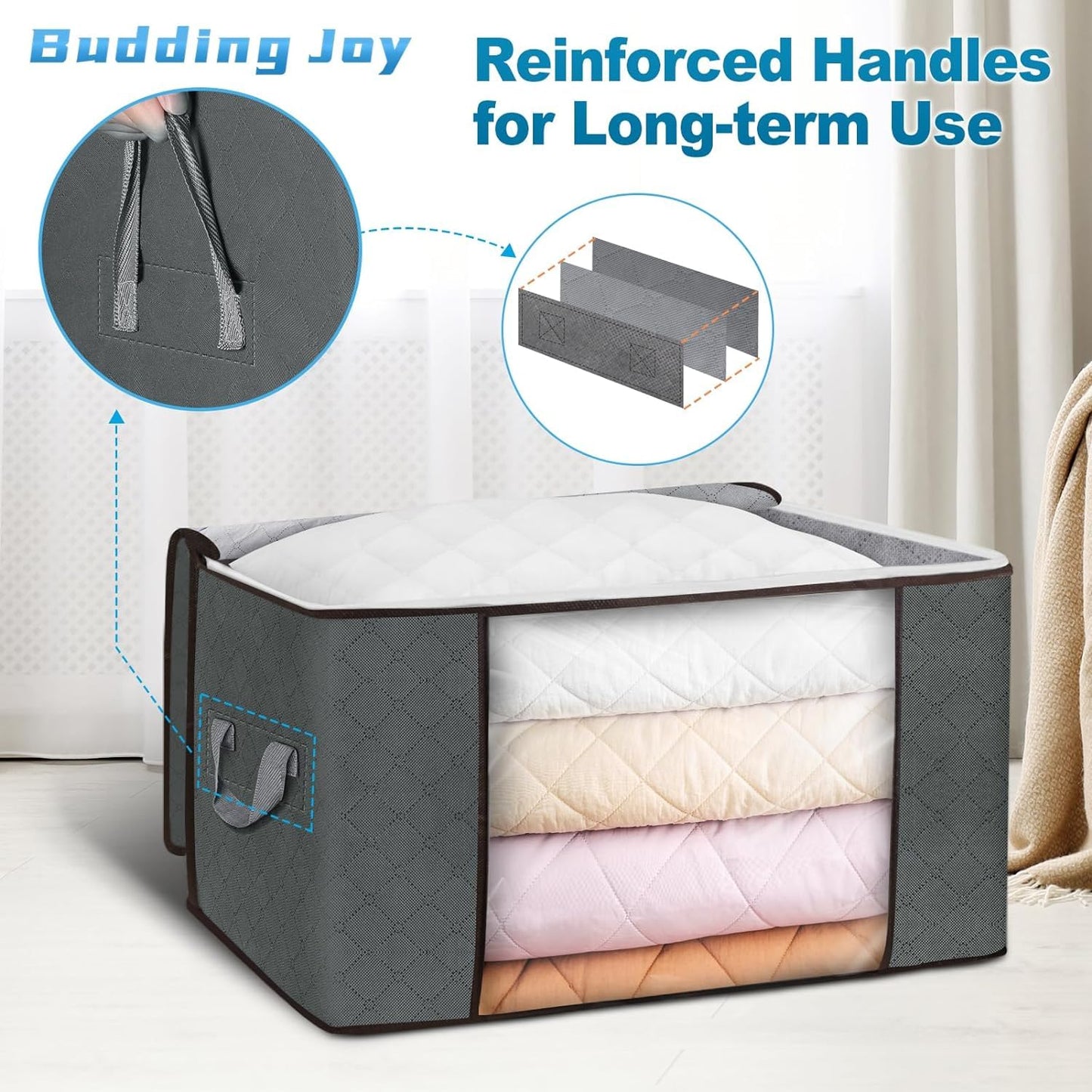 Clothes Storage, Foldable Large Blanket Storage Bags with Zippers, Storage and Organization for Clothing, Comforter, Bedding, Toys, Closet Organizers with Enhanced Handle, 60L 6 Pack Gray