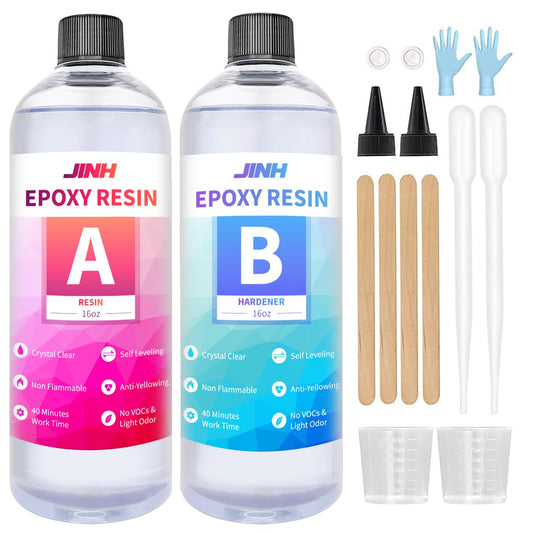 Epoxy Resin Kit Two Part 32 oz Crystal Clear Non-Yellowing Self-Leveling High Gloss UV & Heat Resistant Art/Craft/River Tables Beginner Friendly