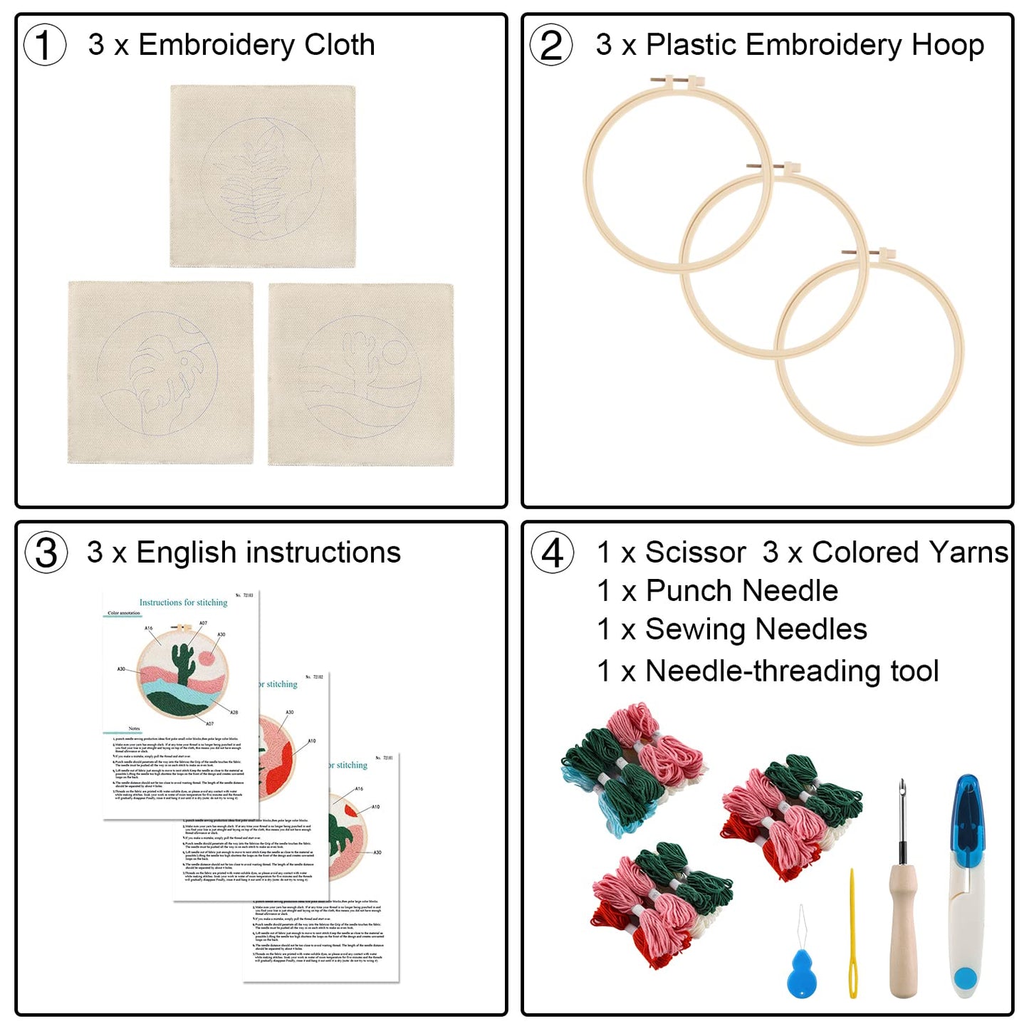 3 Sets Punch Needle Kits - Beginner Adults Kit with Fabric, Hoops, Yarns and Sewing Needles