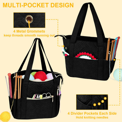 Crochet Bag Organizer for Yarn Storage, Velvet Knitting Tote Bag with Double Handle for Crochet Accessories, Portable Travel Case for Yarn Balls, Crochet Hooks& Knitting Needles Holder (Black)