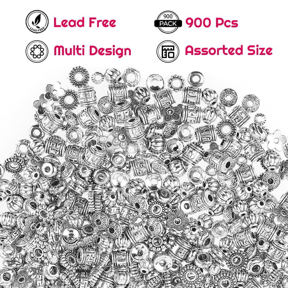 Metal Spacer Beads for Making Bracelet, Necklace, Jewelry Making and Findings Accessories, 900Pcs, Silver