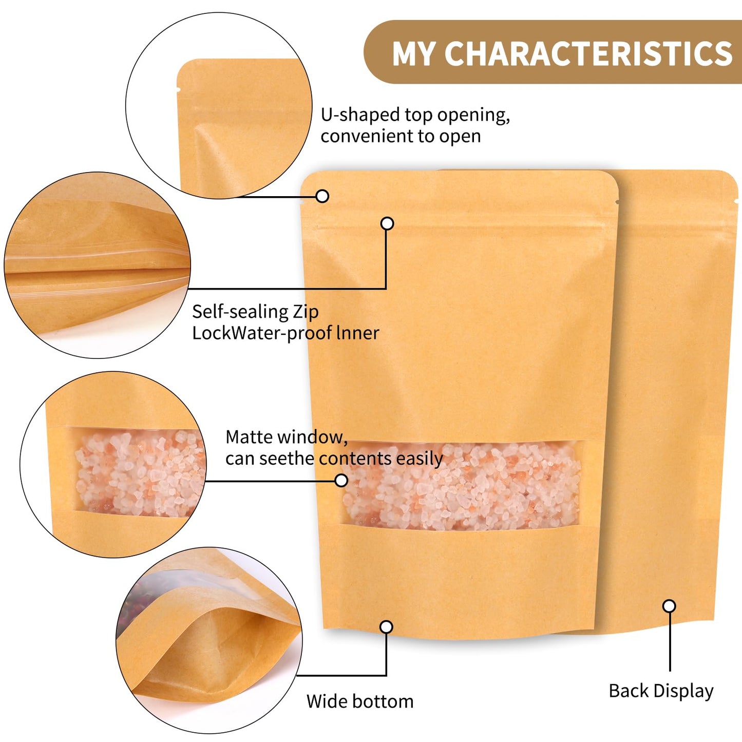 72pcs Kraft Paper Resealable Bags for Small Business, 5.9x8.6 Inches Stand Up Pouches, Food Packaging Bags with Window, Ziplock Coffee Pouches for Small Business