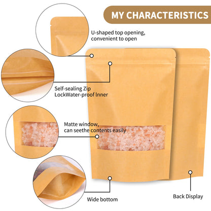 72pcs Kraft Paper Resealable Bags for Small Business, 5.9x8.6 Inches Stand Up Pouches, Food Packaging Bags with Window, Ziplock Coffee Pouches for Small Business