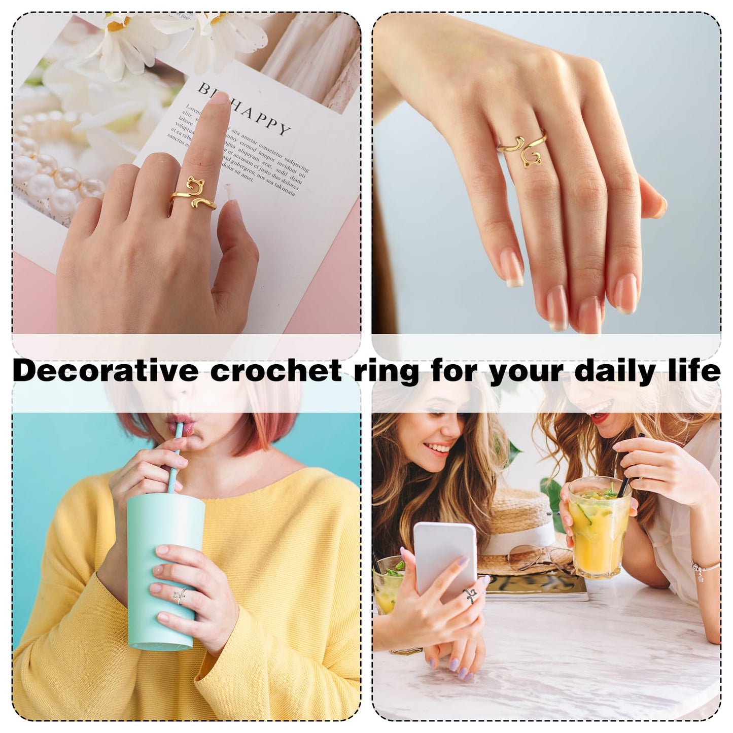 6 Pcs Crochet Rings for Finger Adjustable Crochet Knitting Loop Accessories Metal Yarn Guide Finger Holder Rings, Knitting & Crochet Supplies for DIY Crafts, 4 Colors