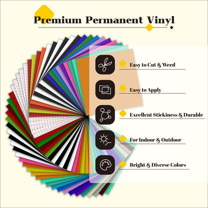 Permanent Vinyl for Cricut Machine- 57 Pack 12" x 12" Permanent Bundle, 52 Adhensive Vinyl Sheets and 5 Transfer Tape Sets for Party Decoration, Stiker