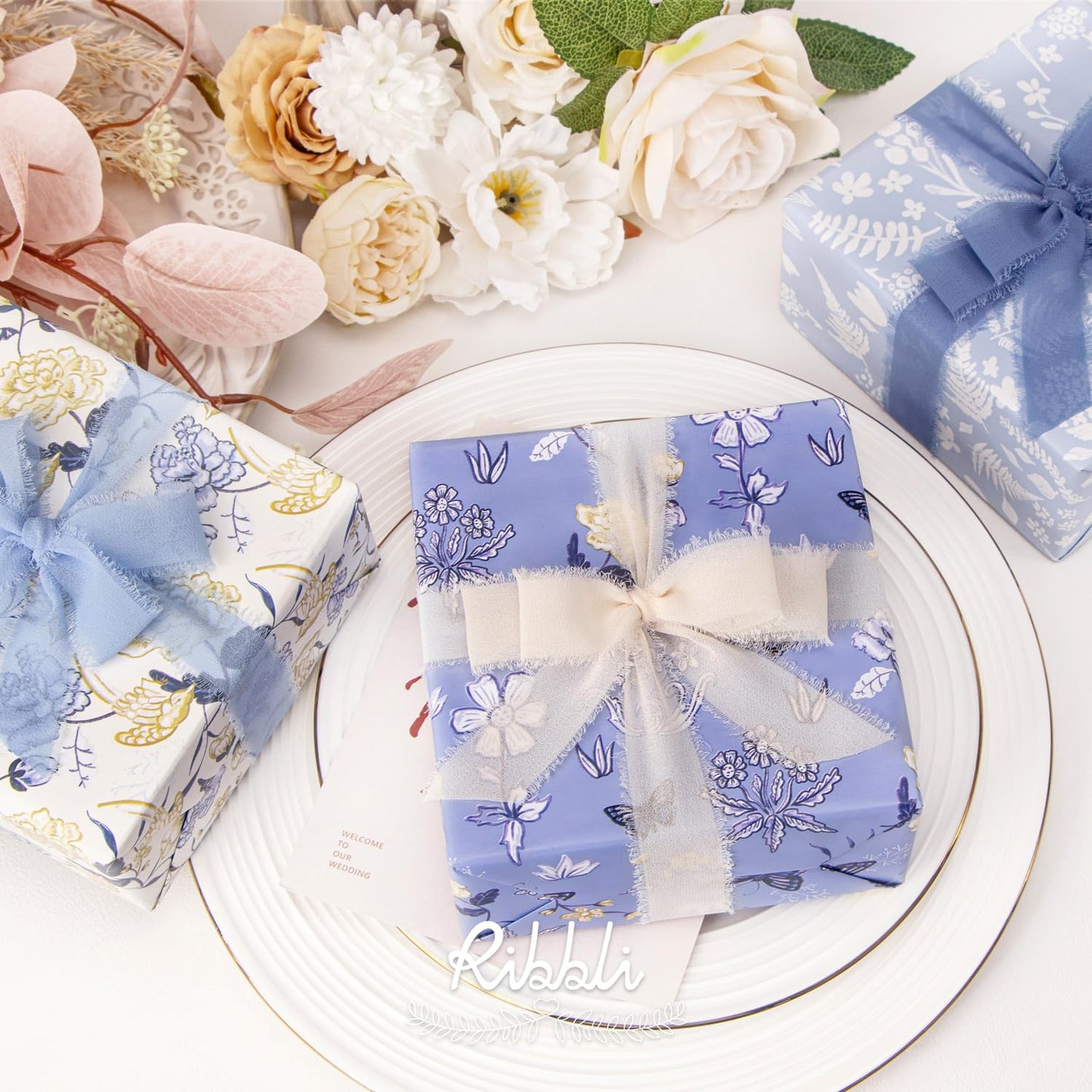 Blue Ribbon 1 Inch x 3 Rolls Total 24 Yards Cream/Blue/Dusty Blue Handmade Fringe Chiffon Silk Ribbon for Wrapping Wedding Invitations Bridal Bouquets DIY Crafts Home Decor