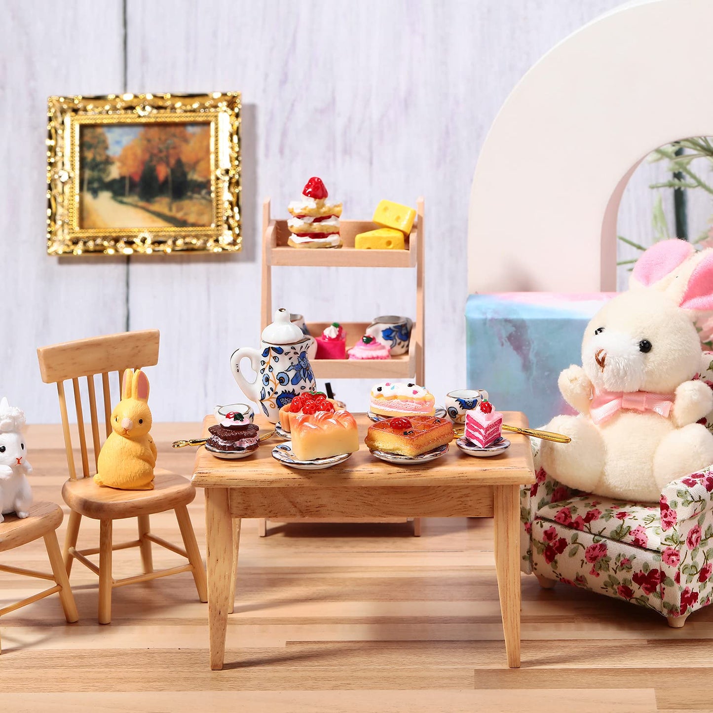 2 Set 1:12 Dollhouse Miniature Porcelain Tea Cup 30 Pieces Mini Flowers Pattern with Golden Trim Teapot Cup Plate Dollhouse Kitchen Accessories (Charming Style)