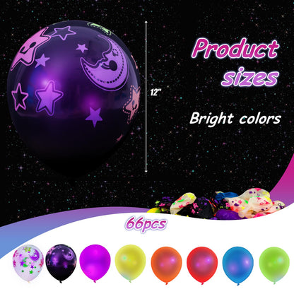 66PCS Glow Balloons Assorted, 12"" UV Neon Party Latex Balloons Moon Stars Fluorescent Balloons for Birthday Wedding Glow Party Supplies, Medium