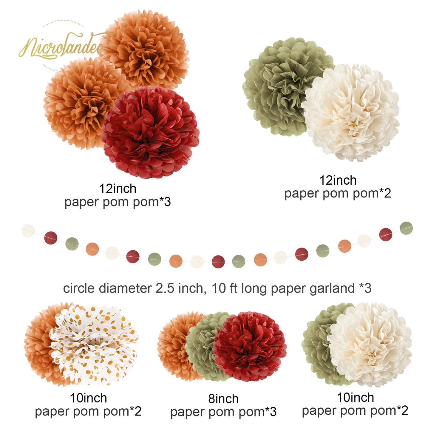 Fall Wedding Decorations - 15 PCS Pumpkin Orange Sage Green Ivory Tissue Pom Poms Decor, Dots Paper Garland for Thanksgiving, Baby Shower, Autumn Harvest Party Supplies
