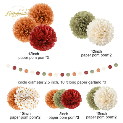 Fall Wedding Decorations - 15 PCS Pumpkin Orange Sage Green Ivory Tissue Pom Poms Decor, Dots Paper Garland for Thanksgiving, Baby Shower, Autumn Harvest Party Supplies