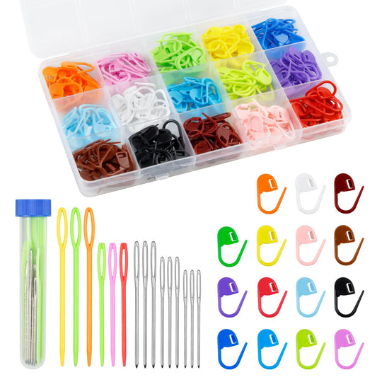 220/900 Pieces Stitch Markers,with 15 Pcs Large Eye Blunt Sewing Needles,Colorful Crochet Stitchs Markers for Knitting Stitch Locking Clips Crochet Pins with Storage Box
