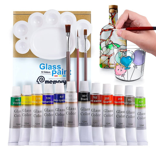 Stain Glass Paint Kit with 12 Colors, 3 Nylon Brushes, 1 Palette, Permanent Acrylic Enamel Painting Set to Create Translucent Arts on Transparent Wine Glasses, Enamel, Window and Glass