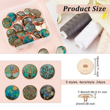24pcs 6 Styles Enamel Shank Buttons - 18mm Alloy, Tree Theme, Green, Gold, Vintage, Round, for DIY Sewing Crafts