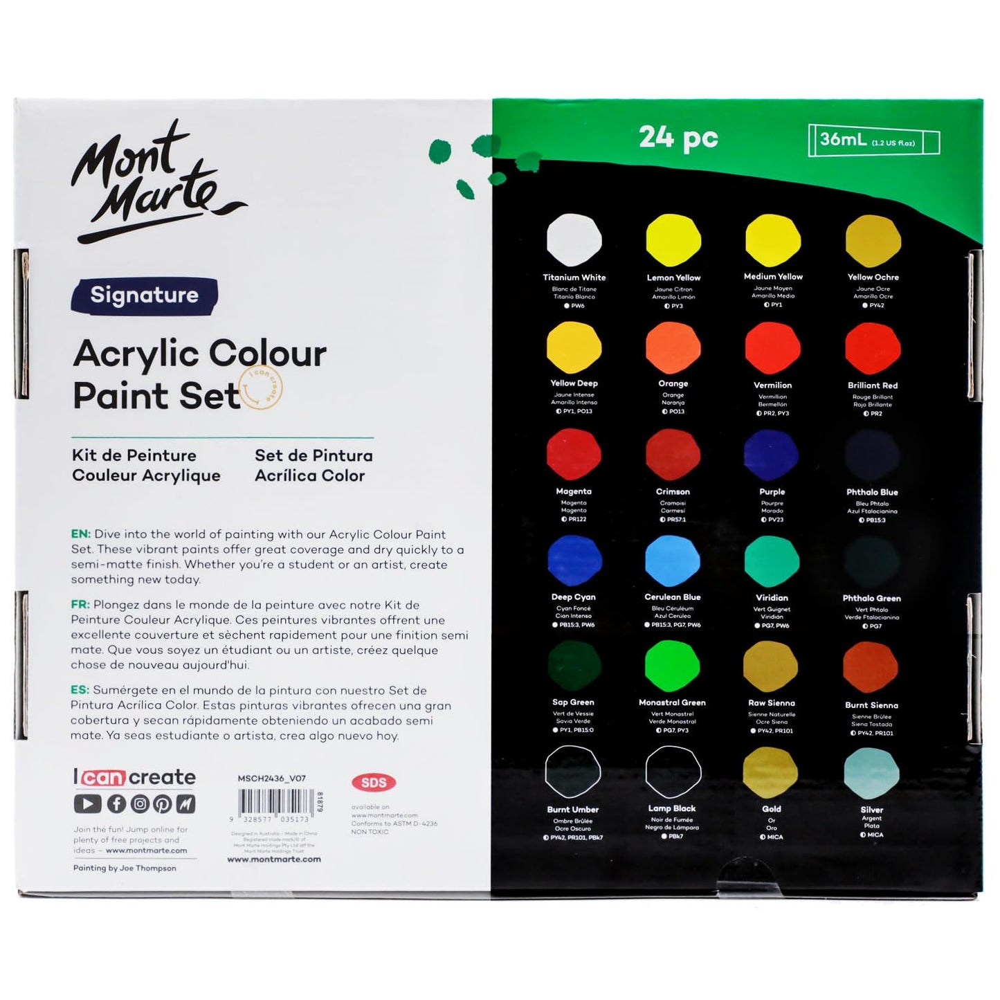 Acrylic Paint Set 24 Colours 36ml, Perfect for Canvas, Wood, Fabric, Leather, Cardboard, Paper, MDF and Crafts