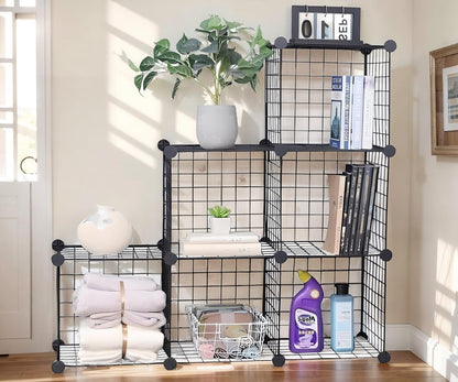 Cube Storage Organizer,6 Cube Closet Organizers and Storage,Wire Metal Grids Bookshelf,Stackable Modular Shelves,Cube Storage Organizer Bins for Home,Office,Kids Room,Black